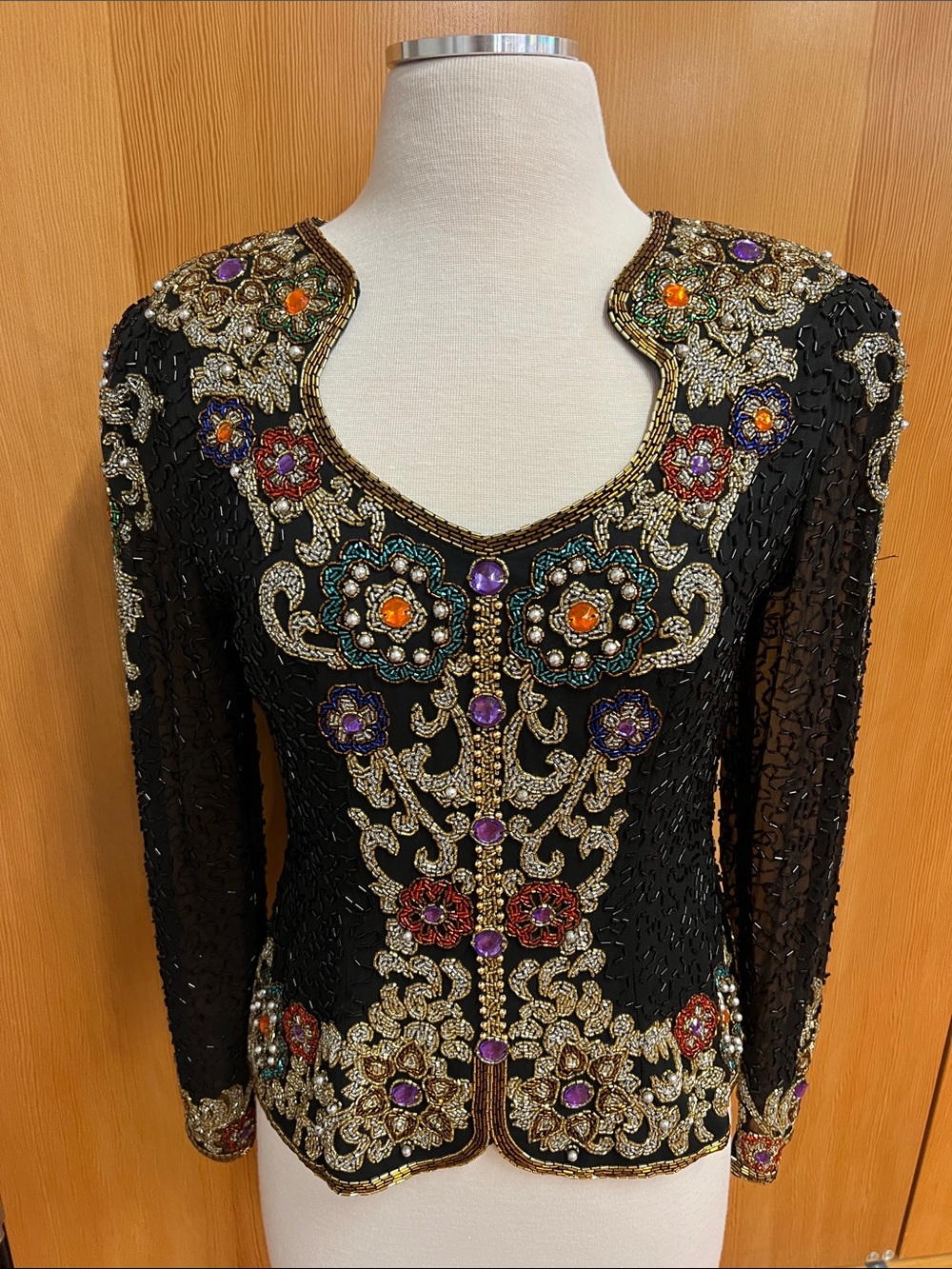 Vintage Black Long Sleeve Evening Top Embellished With Colorful Beads Size Small